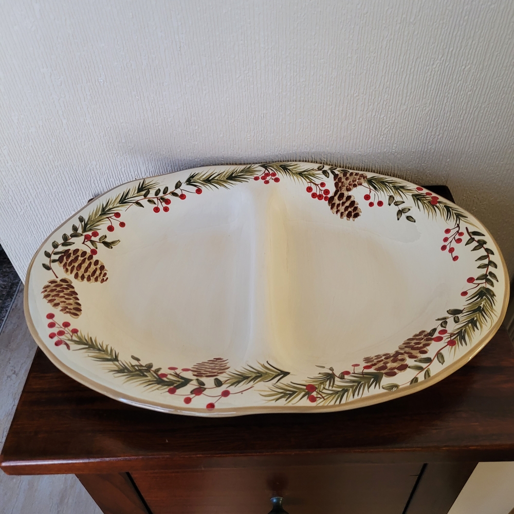 Festive Cream, Brown, Green and Red Divided Serving Platter